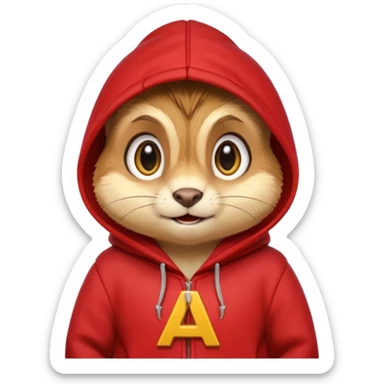 Portrait of a cartoon chipmunk with light brown and beige fur, wearing a red hoodie no zip with a yellow 'A' on it, big round eyes, small nose, and a mischievous grin, front-facing, stylized in animated movie style sticker