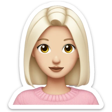 Pretty brown eyed white girl with black hair in a pink sweater holding a white cat sticker