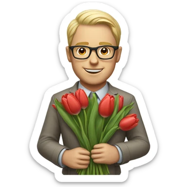 A white man with glasses holding a bouquet of tulips sticker