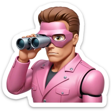 schwarzenegger-looking half robotic half human pink terminator looking through binocular, viewed from an angled perspective sticker