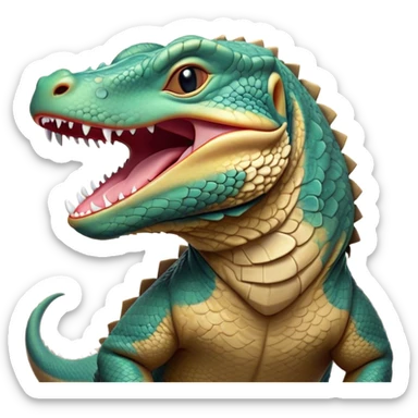 Cinematic Cute Yawning Komodo Dragon Lizard Portrait Emoji, Head slightly angled in a dramatic, wide-open yawn, showcasing rugged, textured scales and sleepy, half-closed eyes, Simplified yet irresistibly adorable features, highly detailed, glowing with a soft, cozy glow, high shine, relaxed yet expressive, stylized with a hint of whimsical wildness, soft glowing outline, capturing the essence of a drowsy yet endearing reptile that appears ready to stretch out for a nap! sticker