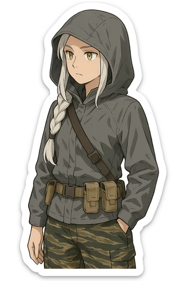 1 female, mid-20's  white hair long braid, gold yellow eyes, gray waterproof tactical shirt hoodie, hood up, single point sling, tan mag pouches on belt rig, tiger stripe camo pants,  sticker
