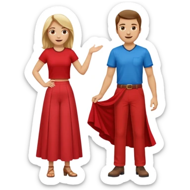 Two people dancing. Man in red shirt and  red pants with brown hair. Women in blue shirt and long skirt with blond hair. Having fun. sticker