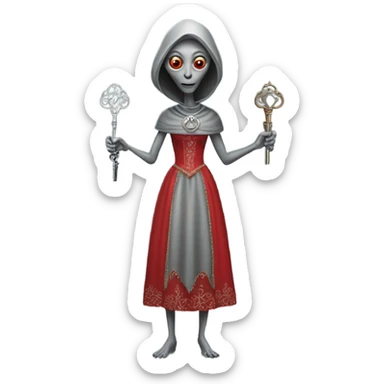 a gray alien woman, full body, in red Romanov dress, holding big keys sticker