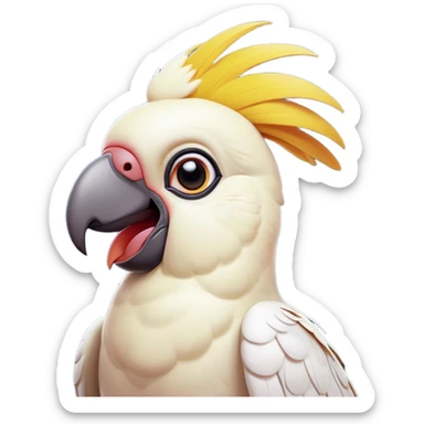 Cinematic Comical Cockatoo Portrait Emoji, Head tilted dramatically with an exaggeratedly shocked expression, featuring a striking, crest-adorned head with wide, comically expressive eyes full of playful disbelief and a vibrant, animated beak, Simplified yet hilariously expressive features, highly detailed, glowing with a slightly sassy tropical glow, high shine, dramatic yet playful, stylized with an air of cheeky avian mischief, soft glowing outline, capturing the essence of a meme-worthy cockatoo that looks ready to squawk its way into viral fame! sticker