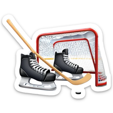 An icon showing a close-up of a hockey stick, puck, skates, and hockey net placed on the ice. The background features a packed stadium with bright lights, cheering fans, and snowy scenery outside. Transparent background highlights the key elements of the game. sticker