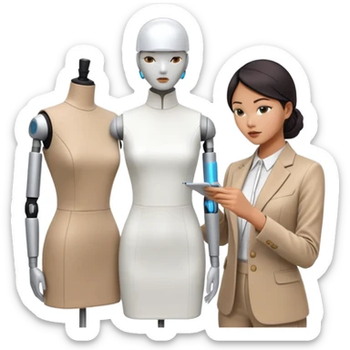 asian female clothing designer, designing futuristic clothing on a headless mannequin sticker