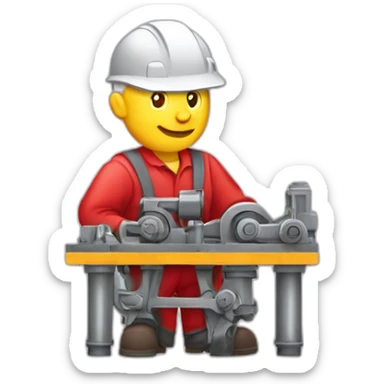 Industrial professional senior mechanical assembler working on the assembly of heavy machinery with a red outfit sticker