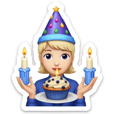 Blueberry Muffin celebrating birthday. Make sure it actually looks like a muffin with candles. Somebody holding it with party hat  sticker