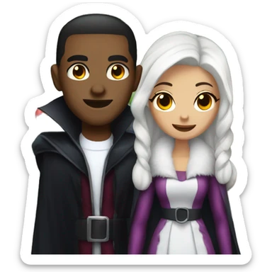 a male vampire next to his lightskin girlfriend in front of a christmas tree sticker