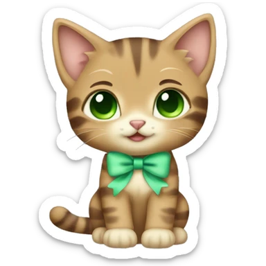 extremely cute kawaii brown tabby kitten with green eyes and pastel green bow full body sticker