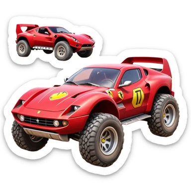 Satan’s and Barbie’s Ferrari -colored Dirty and dented Local Motors Rally Fighter off road race car hot rod trophy truck-style basher flying on a dusty road (silver wheels) sticker