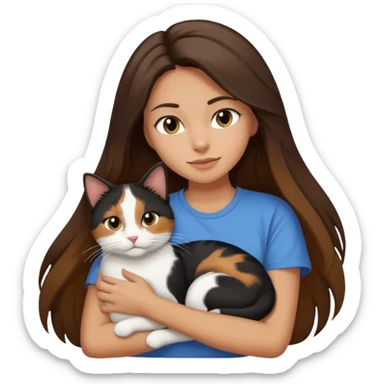 Brunette woman with long hair wearing a tshirt affectionately snuggling black brown and white calico cat sticker