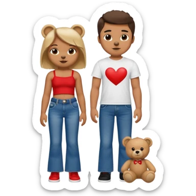 A boy and a girl teddy bear for the boy bear put on true religion shirt and jeans with black shoes and for the girl put flare jeans and a red tube top and white shoes just bears not the humans  sticker