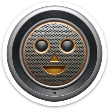 Minimal emoji icon of a modern metallic speaker, front view, detailed geometry, dark metallic body, subtle highlights, isolated sticker