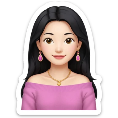 South Korean girl in her mid-thirties with long black hair with a middle part. She is wearing a pink, off the shoulder long sleeve knit sweater, extra small gold earrings and a gold necklace. She has brown eyes with narrow, mono lid shape and smiling with lips together sticker