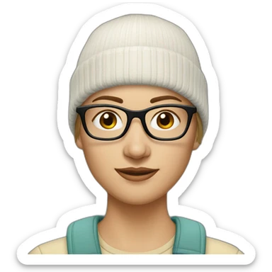 30 year old white woman short straight light brown hair with a beanie on her heard and glasses sticker