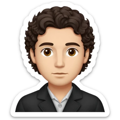 He’s a man with light to medium skin, a defined oval face, full brows, deep-set eyes, and wavy to curly dark brown hair styled with height, sides are trimmed. expression calm and focused relaxed black open-collar .polished, articulate, and trainer vibe. sticker