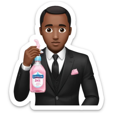 A realistic product shot of a transparent bottle of Johnson’s Baby Oil by Johnson & Johnson, featuring a soft pink label. The oil inside is crystal clear and glossy. Sean "Diddy" Combs in black suit is holding the bottle sticker
