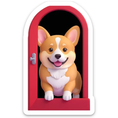 red dog house with a Corgi dog visible through the doorway, 3D emoji style sticker