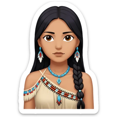 Cinematic Realistic Pocahontas Portrait, depicted with lifelike skin texture, soft natural lighting, and intricately detailed long, flowing raven-black hair that moves gracefully in the wind. Her deep, soulful dark brown eyes exude wisdom and strength, complemented by a serene yet powerful expression. She is dressed in her classic one-shoulder native american dress, with rich fabric textures and delicate beaded details that catch the light beautifully. The portrait features a soft, sun-kissed glow with a natural, radiant finish, capturing the essence of untamed beauty and deep connection to nature in a realistic and painterly style, evoking a sense of depth and authenticity. sticker