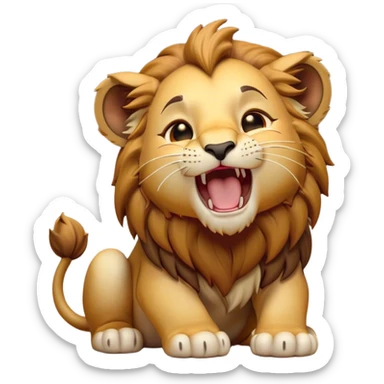 Cinematic Cute Yawning Lion Cub Portrait Emoji, Head tilted slightly with a dramatic, wide-open yawn, showcasing a soft, downy tawny Fur with a majestic mane, floppy ears slightly drooping, round amber eyes barely open in drowsy contentment, Simplified yet irresistibly adorable features, highly detailed, glowing with a soft, cozy glow, high shine, relaxed yet expressive, stylized with a touch of savannah whimsy, bright and endearing, soft glowing outline, capturing the essence of a sleepy yet affectionate Lion Cub, so drowsy it feels like it could stretch out of the screen and curl up for a nap! sticker