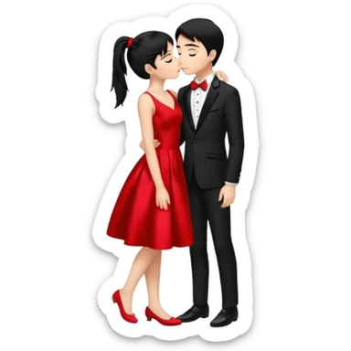 Make a girl has 18 years old black ponytail red dress, red flat and a boy has 19 years old black hair black tuxedo black shoes boy and girl kiss sticker