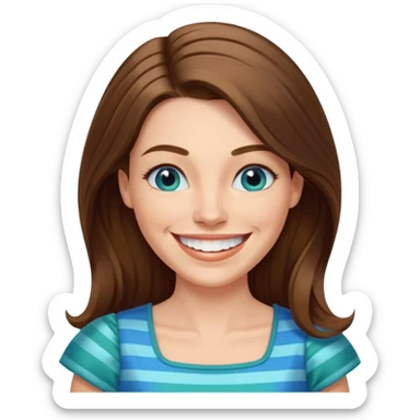 40 yr Caucasian woman, long brown hair parted on side, white stripe in hair, blue green dress ,big smile, white teeth, dimples, blue eyes sticker