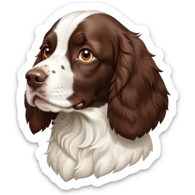 Cinematic Noble Springer Spaniel Portrait Emoji, Poised and regal, with a medium build and a glossy, well-groomed Fur of rich liver and white, deep-set soulful brown eyes, Simplified yet sharp and sophisticated features, highly detailed, glowing with a soft, dignified glow, high shine, intelligent and alert, stylized with an air of grace, focused and attentive, soft glowing outline, capturing the essence of a watchful and confident companion, so majestic it feels as though it could bound out of the screen with effortless authority! sticker