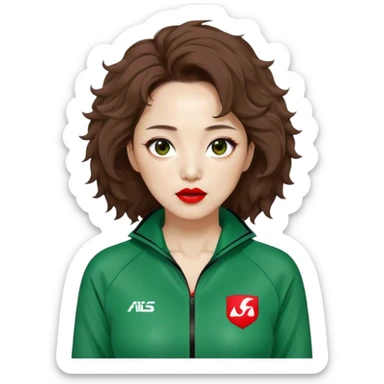 Han Mi-nyeo : Age: Late 40s
Appearance: A middle-aged woman with frizzy, messy brown hair and dramatic red lipstick.
Outfit: Green player tracksuit sticker