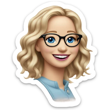 Happy laughing Jennifer Lawrence,  blue eyes wearing glasses and pink lipstick  sticker