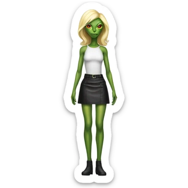 reptilian alien woman, blonde, in blck leather mini skirt, full body sticker
