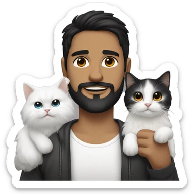 a spanish guy with a black earing and black short hair and black beard and holding a all white Siberian cat sticker