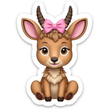 cute gazzelle with curly fur, sitting down, wearing a pink bow on its head.   sticker