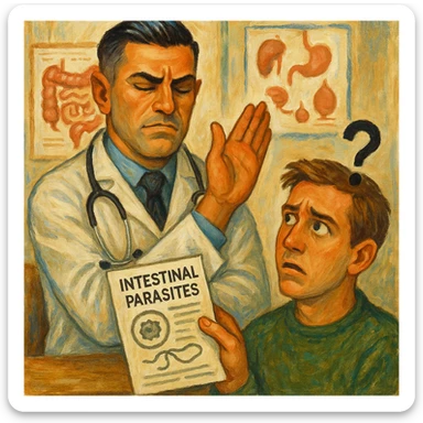 Create a semi-realistic or expressive style image of a male doctor inspired by the reference image, wearing a white coat. The doctor is waving off a medical report about intestinal parasites, with a closed expression. The patient looks confused. The setting is a doctor's office with anatomical charts. The tone is critical and ironic. sticker
