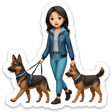 A girl with rather long brown-black hair is walking her German Shepherd. She's dressed very nicely in cute pants and a stylish jacket. sticker