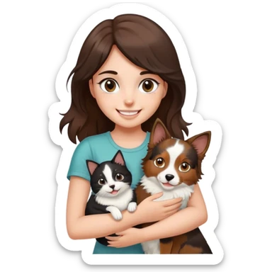 smiling girl with black and White cat and Brown and white Australian shepherd sticker