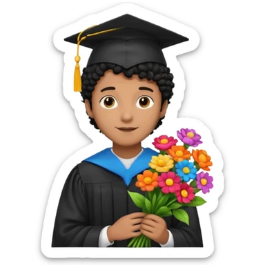 Graduated Students, Male,  brown skin, black curly hair, wearing graduation cap, holding bouquet of flowers
 sticker