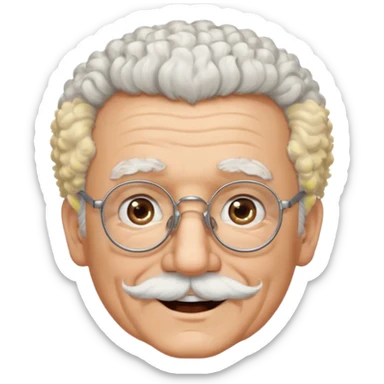An elderly man emoji fluffy curly white hair, brown eyes behind black-framed glasses, a narrow pointed face, and a thin straight white mustache above his mouth. sticker
