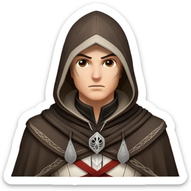 icon featuring Assasin's Creed in an iconic assassin's hood, standing tall against the backdrop of Florence. The design captures the essence of adventure, with intricate details of historical architecture and a sense of mystery. The character is poised, ready for action. transparent background. sticker