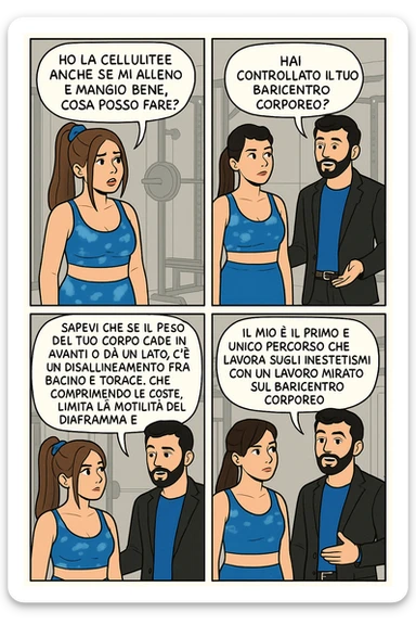 TRASFORMA QUESTO CAROSELLO IN UN FUMETTO CON QUESTE DUE PERSONE IDENTICHE CHE INTERLOQUISCONO TRA LORO:

LEI: Ho la cellulite anche se mi alleno e mangio bene, cosa posso fare?

LUI: Hai controllato il tuo baricentro corporeo?
LUI: Sapevi che se il peso del tuo corpo cade in avanti o da un lato, c’è un disallineamento fra bacino e torace, che comprimendo le coste, limita la motilità del diaframma e l’ossigenazione dei tessuti?
LUI: Il mio è il primo e unico percorso che lavora sugli inestetismi con un lavoro mirato sul baricentro corporeo. sticker