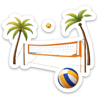 A volleyball resting on the orange sand ground of a beach, with a volleyball net in the background. The scene captures a sunny beach atmosphere with clear blue sea and sky, palm trees swaying, and people in swimsuits enjoying the vibrant surroundings sticker