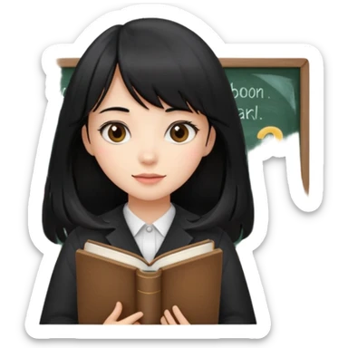 lecture girl with straight bangs fringe long black color hair 
with book and blackboard sticker