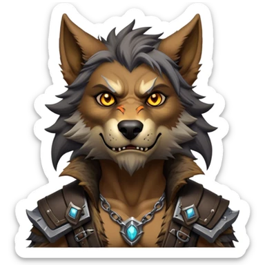 Cinematic Realistic WoW Worgen Portrait, head tilted epicly and inquisitively, showcasing the striking fusion of human intellect and beastly ferocity. His rugged fur and tanned skin, accented by piercing amber eyes and meticulously rendered worn leather garments, are bathed in dynamic lighting, high shine, epic and awe-inspiring, capturing the relentless spirit of a worgen at the apex of his power. sticker