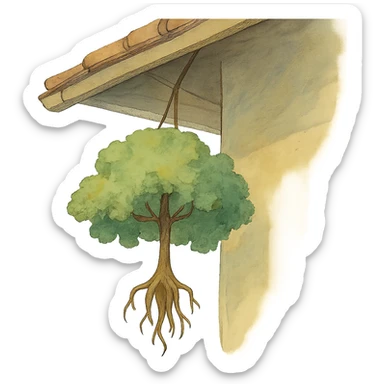 ghibli style illustration of a tree hanging from a roof, soft colors, whimsical sticker
