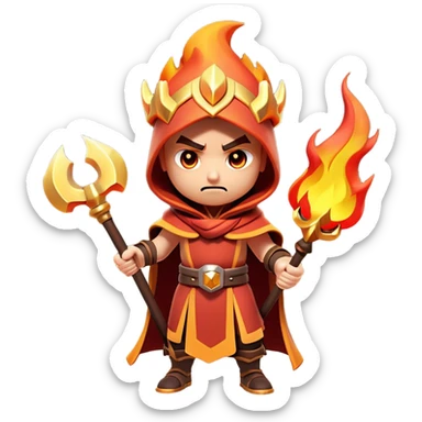 Clash of Clans aesthetic: Cinematic Ferocious Fire Mage Hero Emoji, rendered in a 3D vector-style similar to standard emojis with minimal shading and bold, simplified shapes. A compact, isometric figure draped in flowing, charred and ember-lined robes, wielding a fiery staff crackling with intense flames. Eyes burning with an infernal glow, exuding raw, untamed power. Simplified yet unmistakably iconic, highly detailed and consistent, glowing with a fiery, molten radiance and high shine. Stylized with a touch of menacing sorcery and a searing, ember-infused outline, capturing the essence of a wrathful mage ready to unleash devastating fire magic! sticker