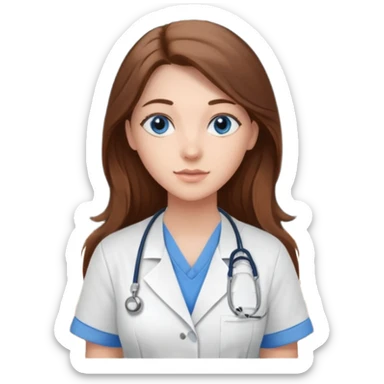 inside a classroom at university that says nursing school on the board with a pretty female nursing student with long brown hair, blue eyes sticker