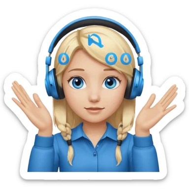 girl with blonde hair and blue eys with heands telling what, having heaphones on head sticker
