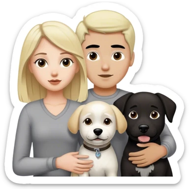 Blond white girl with dark black guy black hair and 1 dog medium size white and gray and 1 dog large dark brown and white sticker