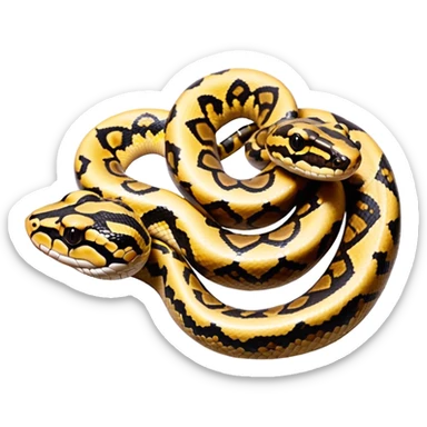 A photo-realistic top-down view of a Ball Python gently coiled into a tight spiral, with its head resting peacefully at the center. Its scales are warm brown with bold, irregular black markings, including the distinctive “alien-head” pattern, flowing smoothly along its body.  sticker